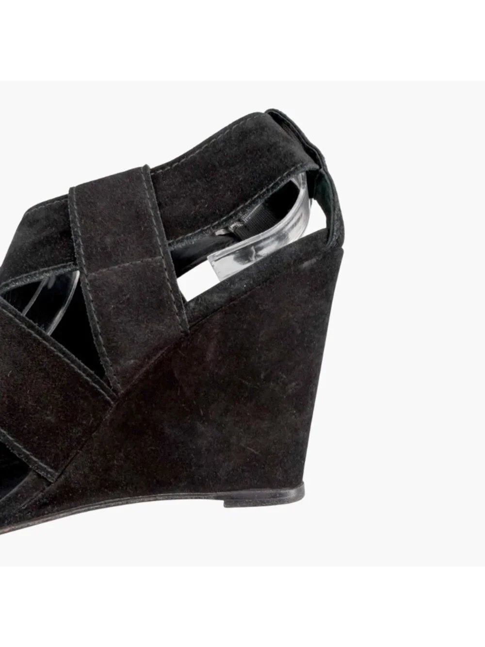 Chanel CC Heart Buckle Wedge Sandals Heels Black Suede Size 39.5 US 8.5-9 Women